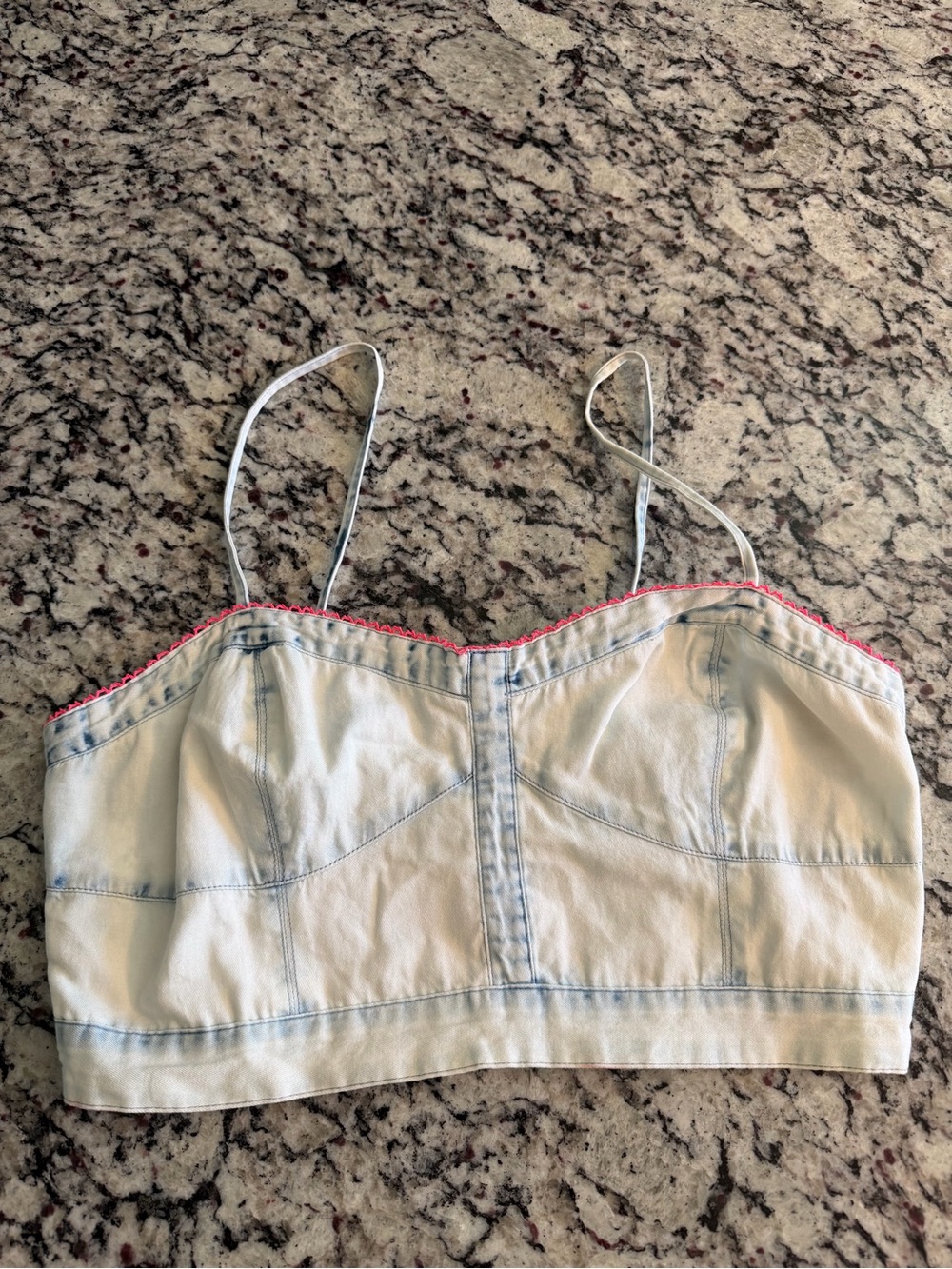 American Eagle Light Wash Denim Crop Cami with Pink Trim medium